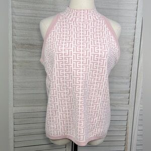 SIONI High Neck Knit Tank Top Pink/White-Large